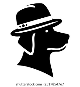 A dog wearing a hat with a black silhouette on a white background