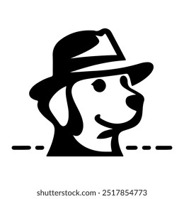 A dog wearing a hat with a black silhouette on a white background