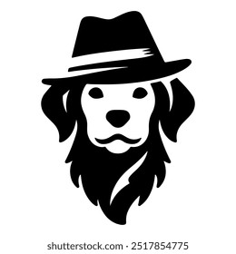 A dog wearing a hat with a black silhouette on a white background