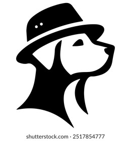 A dog wearing a hat with a black silhouette on a white background