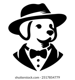 A dog wearing a hat with a black silhouette on a white background