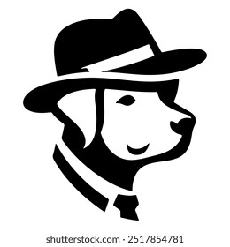 A dog wearing a hat with a black silhouette on a white background