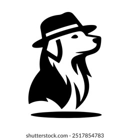 A dog wearing a hat with a black silhouette on a white background