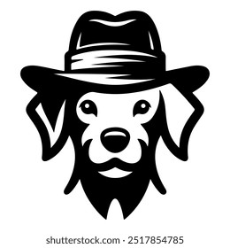 A dog wearing a hat with a black silhouette on a white background