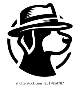 A dog wearing a hat with a black silhouette on a white background