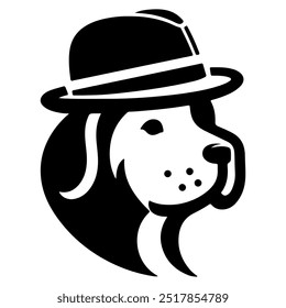 A dog wearing a hat with a black silhouette on a white background