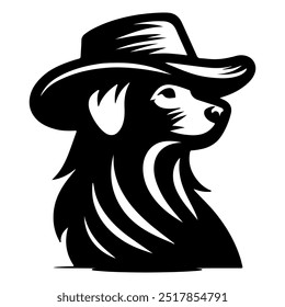 A dog wearing a hat with a black silhouette on a white background