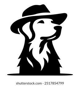 A dog wearing a hat with a black silhouette on a white background