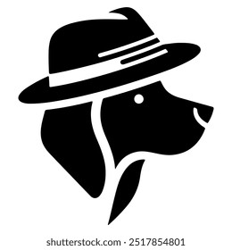 A dog wearing a hat with a black silhouette on a white background