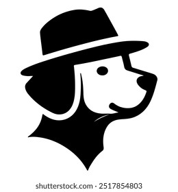 A dog wearing a hat with a black silhouette on a white background