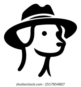 A dog wearing a hat with a black silhouette on a white background