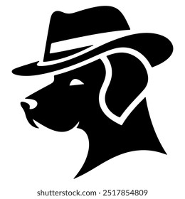 A dog wearing a hat with a black silhouette on a white background