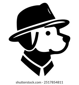 A dog wearing a hat with a black silhouette on a white background