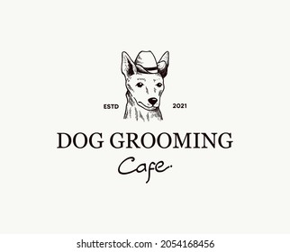 Dog wearing hat logo in handrawn vintage style