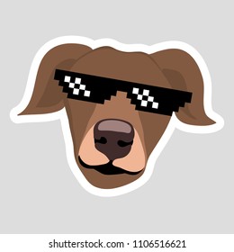 Dog wearing pixel glasses Brown dog with ears down enframed white thick line gray background Vector isolated sticker Hand drawing illustration for icon sticker patch poster logo mascot emoji emoticon