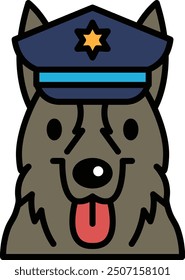 A dog wearing a police hat. The dog is smiling and has a tongue sticking out. The hat is black and has a badge on it