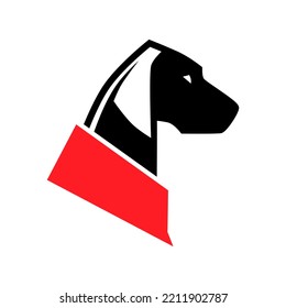 Dog wearing red bandana in profile portrait symbol on white backdrop. Design element	