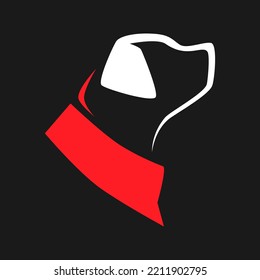 Dog wearing red bandana in profile portrait symbol on black backdrop. Design element	