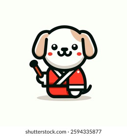 Dog wearing a red kimono and holding a stick.