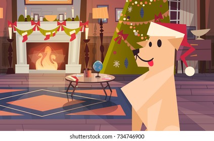 Dog Wearing Santa Hat In Decorated Room With Christmas Tree, Happy New Year Greeting Card Winter Holidays Concept Banner Flat Vector Illustration