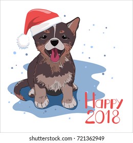 Dog wearing Santa hat. Happy New 2018 Year concept. Winter season card, banner, flyer, etc. Vector illustration in eps8 format.