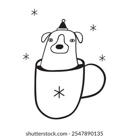 Dog wearing Santa's hat and sitting in a cup. Christmas vibes. Outline isolated icon. Illustration on white background.