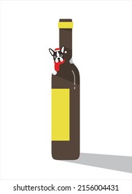 Dog wearing scarf, crabbing to the top of the wine bottle, poster