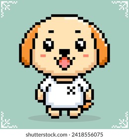 Dog wearing a shirt in 8 bit pixel art. Animals for games assets and cross stitch patterns in vector illustration