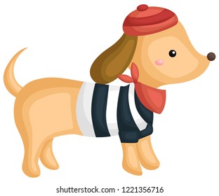 a dog wearing a shirt, hat, and scarf