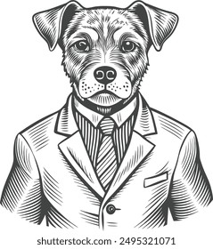 Dog Wearing a Suit vector hand drawn sketch illustration