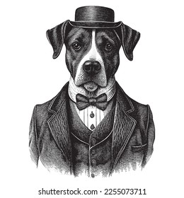 Dog Wearing a Suit Vintage Illustration, Victorian Era, Hand drawn dog, vector illustration in vintage engraving pen and ink style.