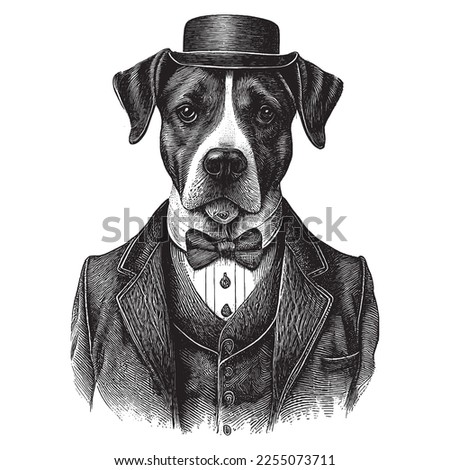 Dog Wearing a Suit Vintage Illustration, Victorian Era, Hand drawn dog, vector illustration in vintage engraving pen and ink style.