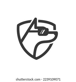 Dog wearing sun glasses inside shield. Dog potrait for dog shelter logo, animal rescue logo.