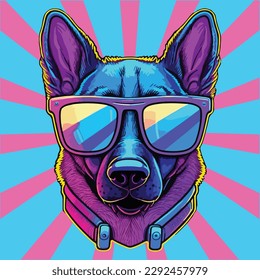 Perro con gafas de sol, estilo tecno, fiesta de rave, perfecto para afiche o camisa. 