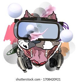 Dog wearing virtual reality glasses. Immersive virtual reality print.