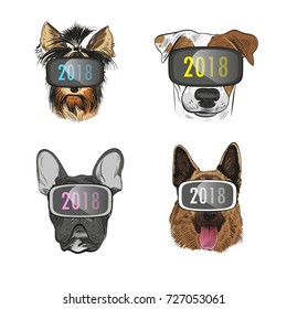  Dog wearing virtual reality glasses, Year of the dog 2018. Fashion vector illustration. 