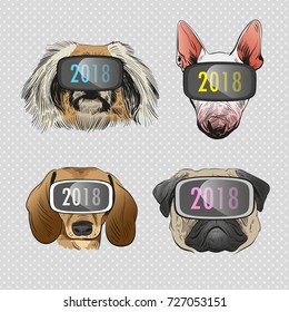  Dog wearing virtual reality glasses, Year of the dog 2018. Fashion vector illustration. 