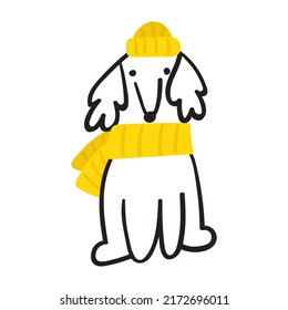 Dog wearing yellow hat and scarf. Vector hand drawn illustration on white background. 