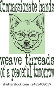 dog wears glasses (Compassionate hands weave threads of a peaceful tomorrow) art for print on demand (t shirt design).
