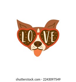 Dog wears glasses with love text into. Funny lovely puppy head for the Valentines day. Isolated vector illustration with smiling dogs face, heart sunglasses romantic graphic element, love card design.