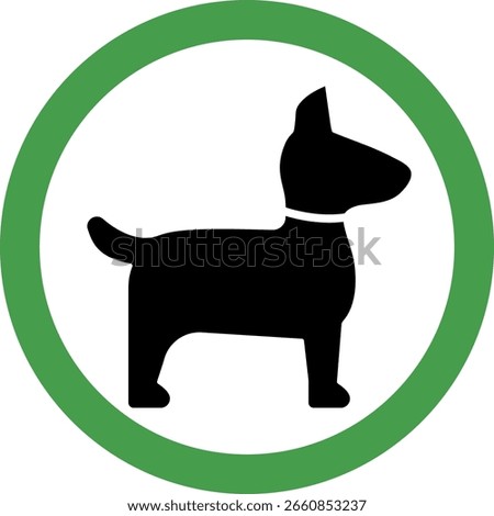 Dog welcome sign. Pet friendly. Dogs allowed and welcome labels and sticker with a black pet puppy silhouette vector templates, icon.