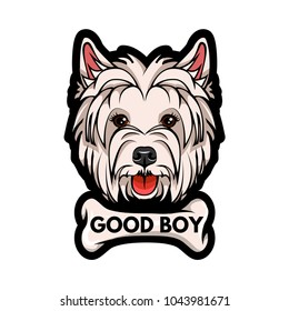 Dog West Highland White Terrier face with bone. Good boy lettering. Vector illustration isolated on white background.