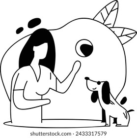 Dog Whisperer vector design, Pet Care Sitting Symbol, boarding and training of animals Sign, mammals and human friendship stock illustration, Little girl adorably trains her doggy to do tricks concept