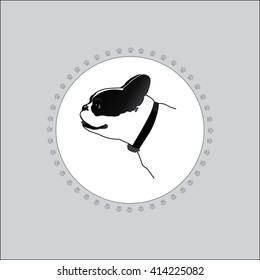Dog is white with black spots. The logo with the head of a dog. Frame made of dog tracks. Silhouette on a white background.