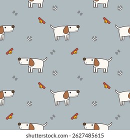 Dog white cartoon so cute. On ball bone dog collar gray background. Pattern seamless vector illustration. 