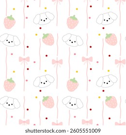 dog, white puppy, bow , strawberry on white background, fabric pattern, gift wrap, seamless pattern