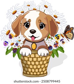 Dog in a wicker basket.Vector illustration with a small dog in a wicker basket with flowers.