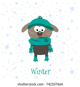 Dog with winter clothes. Vector illustration of puppy