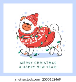 Dog in winter festive clothes and with a garland. Сute pet in jacket and hat. Vector illustration for greeting card Merry Christmas and Happy New Year. 