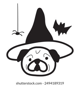 A dog in a witch's hat. A spider and a bat. Outline vector design. Illustration for Halloween party on white background.